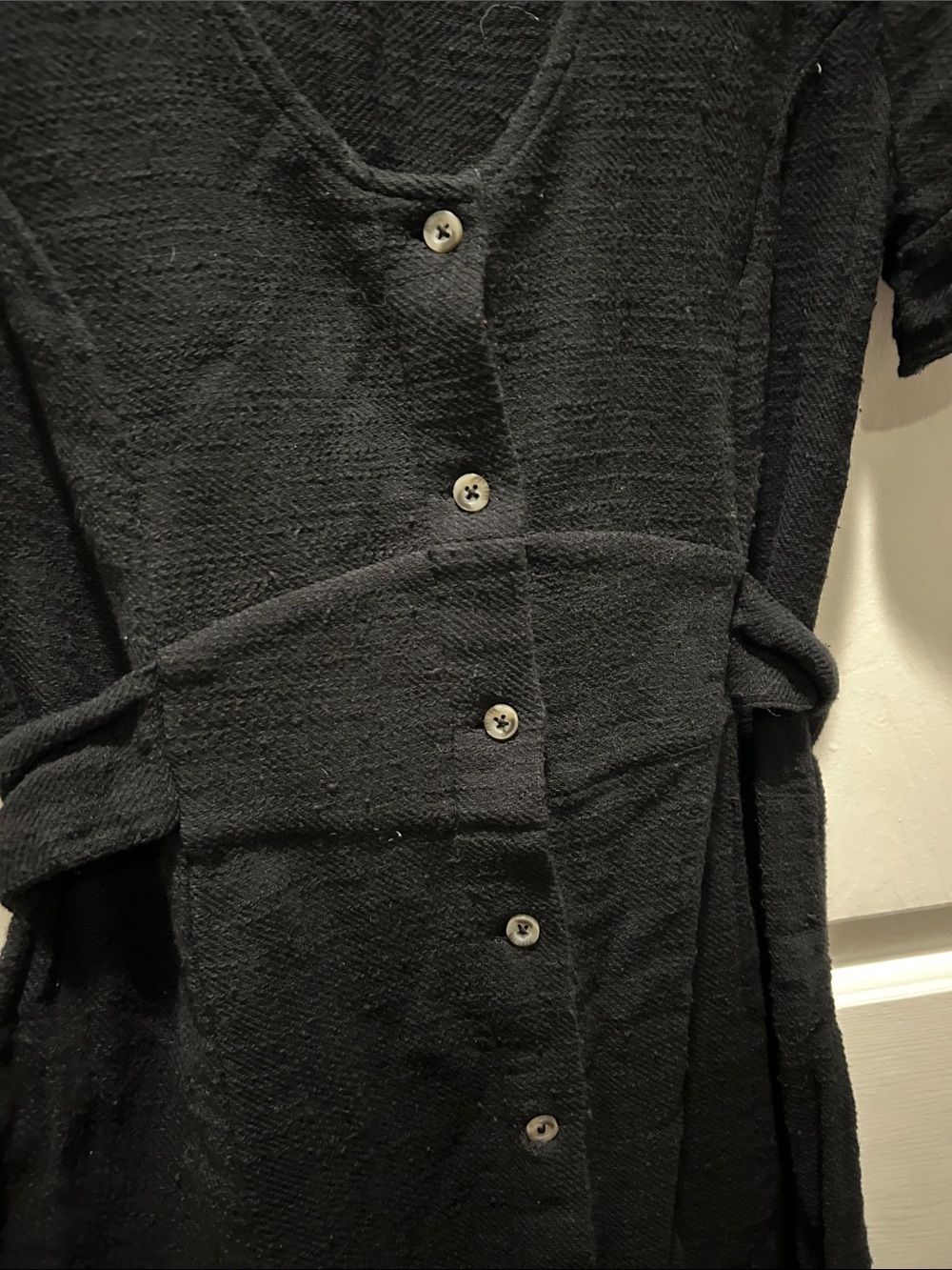 Free People Black Button-Front Mini Dress with Self-Tie Waist - Picture 3 of 7